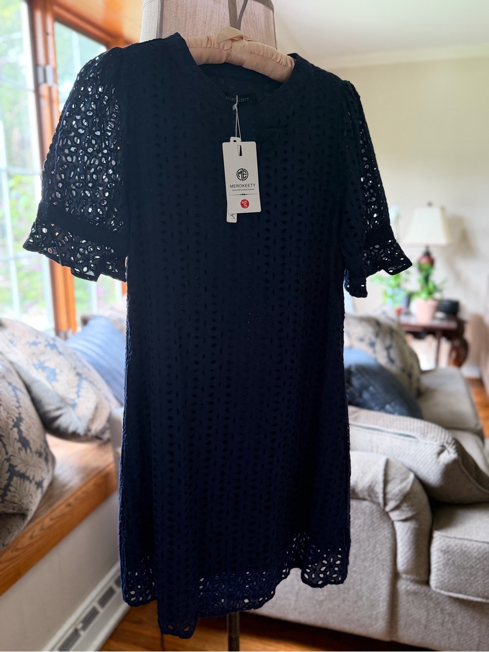 MEROKEETY Navy Eyelet Mini Dress